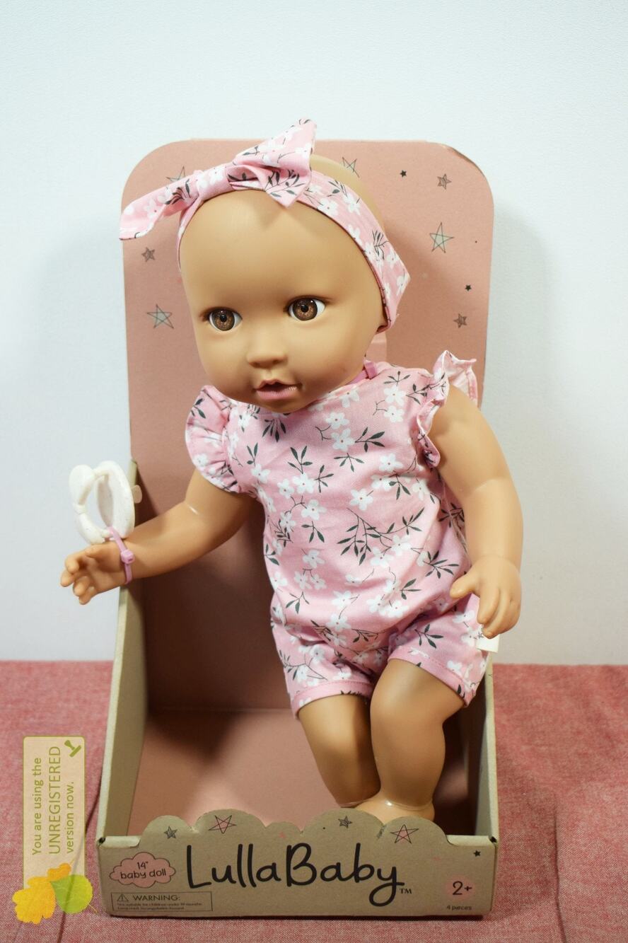 LullaBaby 14" Baby Doll with Pink Floral Outfit & Pacifier Brown Eyes